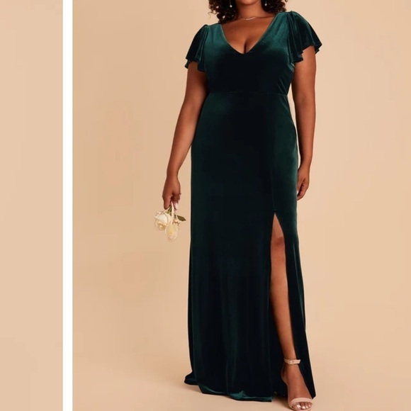 Birdy Grey Hannah Velvet Gown Dress Emerald Green Double V neck Flutter Sleeve - Picture 13 of 13